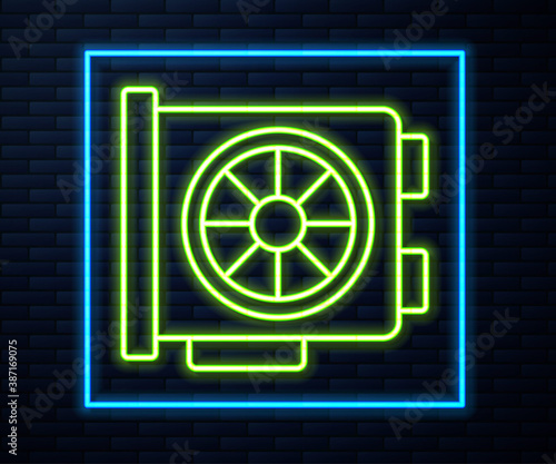 Glowing neon line Video graphic card icon isolated on brick wall background. Vector.