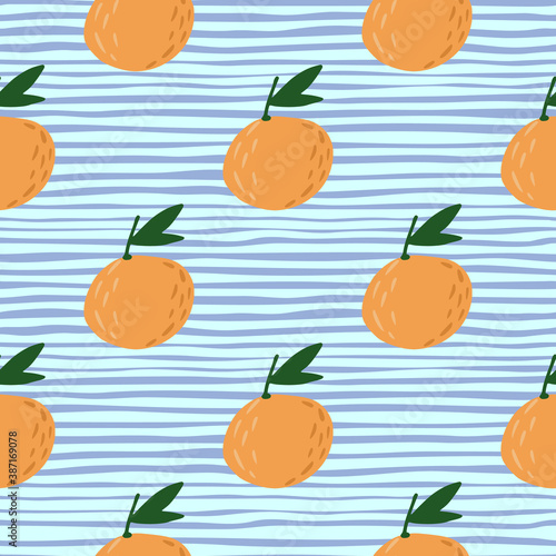 Stylized simple fruit seamless pattern with orange mandarins ornament. Blue striped background. Food backdrop.