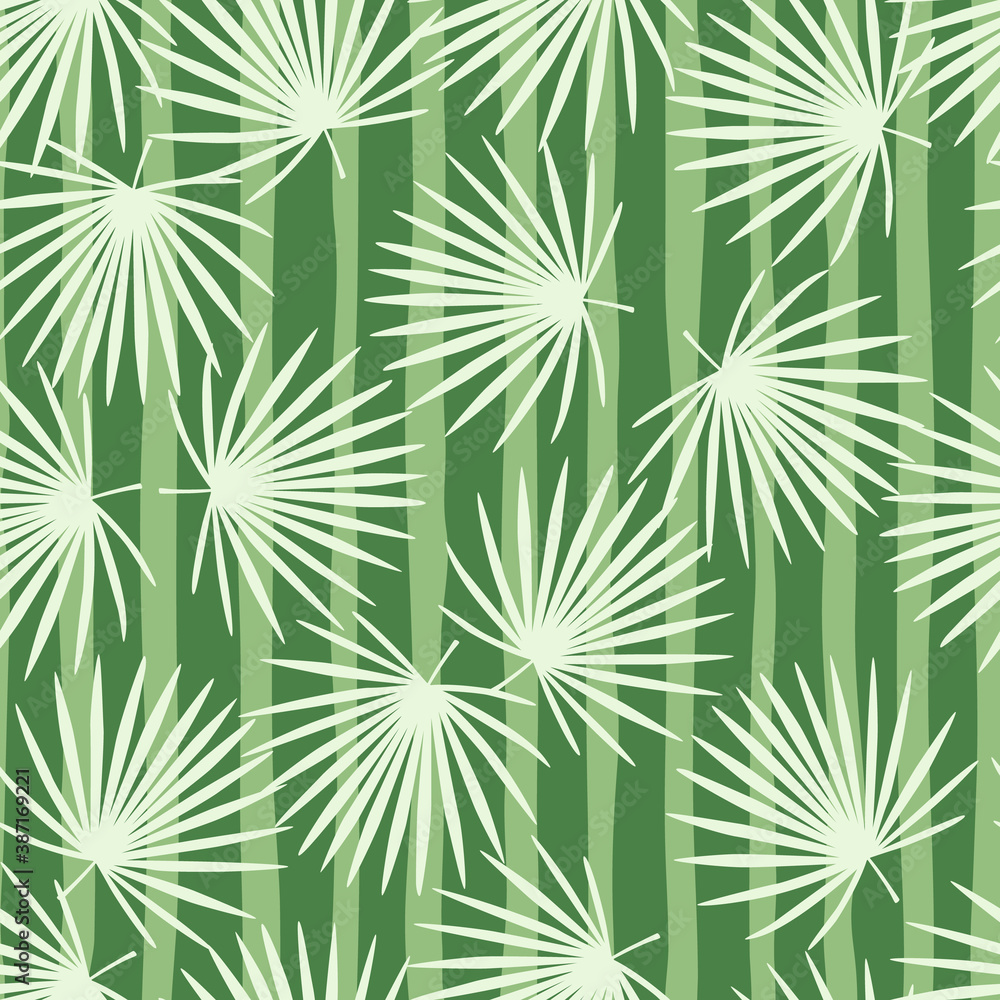 Simple stylized hawaii seamless talipot foliage branches pattern. Light ornament on background with green strips.