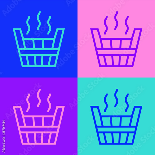 Pop art line Sauna bucket icon isolated on color background. Vector.