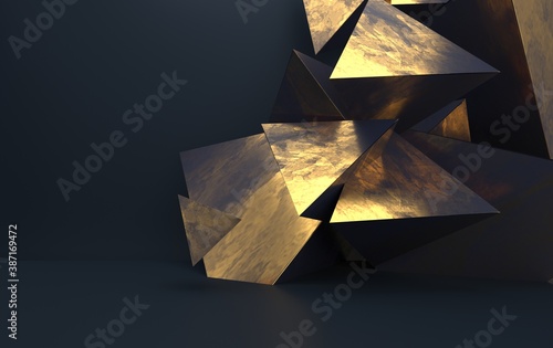 Background with triangular geometric shapes, pyramids in dark shades with gold accents