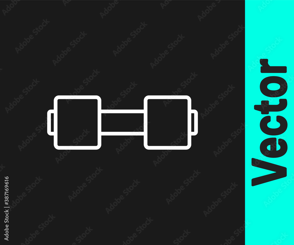 White line Dumbbell icon isolated on black background. Muscle lifting icon, fitness barbell, gym, sports equipment, exercise bumbbell. Vector. White line Dumbbell icon isolated on black background. Muscle lifting icon, fitness barbell, gym, sports equipment, exercise bumbbell. Vector.