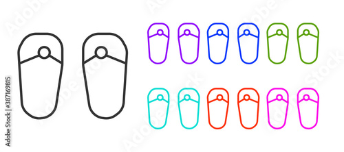 Black line Flip flops icon isolated on white background. Beach slippers sign. Set icons colorful. Vector.
