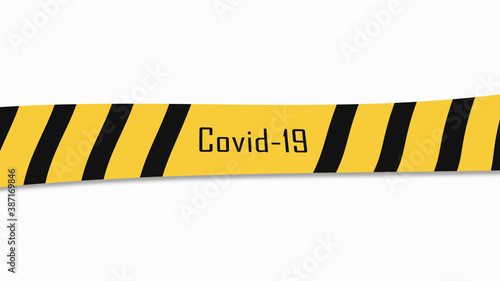 Inscription Covid-19 on a black and yellow stripe. Object on a white background. 3D rendering