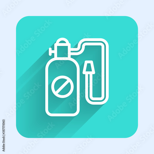 White line Pressure sprayer for extermination of insects icon isolated with long shadow. Pest control service. Disinfectant sprayer. Green square button. Vector.
