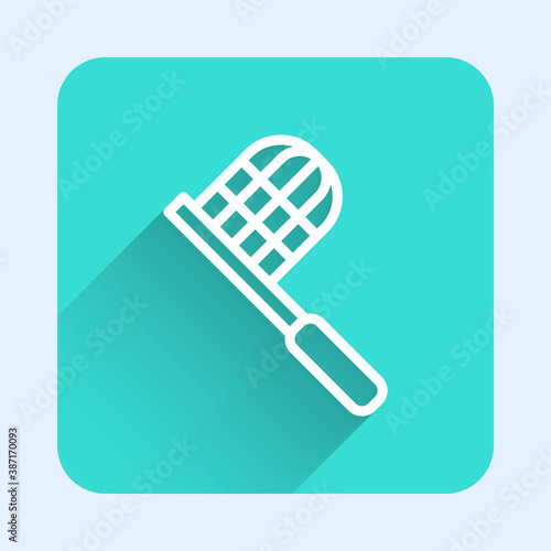 White line Butterfly net icon isolated with long shadow. Green square button. Vector.