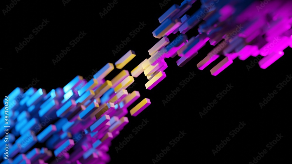 Fototapeta premium Contact point, cyan and magenta geometrical shapes touching at the center. Futuristic, cyberpunk aesthetic concept.