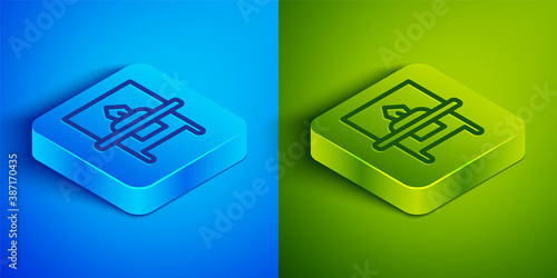 Isometric line Glass showcase for exhibit icon isolated on blue and green background. Square button. Vector.