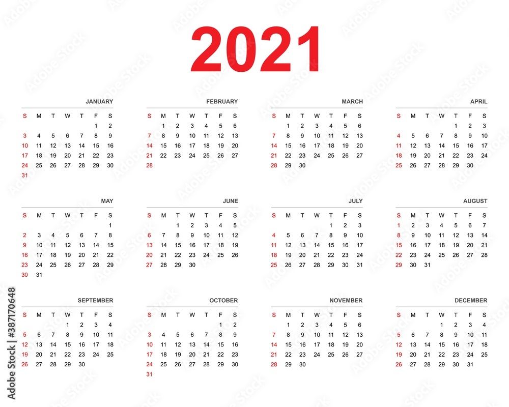 Calendar of 2021, set of 12 months, week start from Sunday, simple concept calendar layout template for website and business, vector illustration.