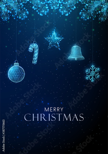Abstract Happy New Year greeting card with hanging Christmas toys.