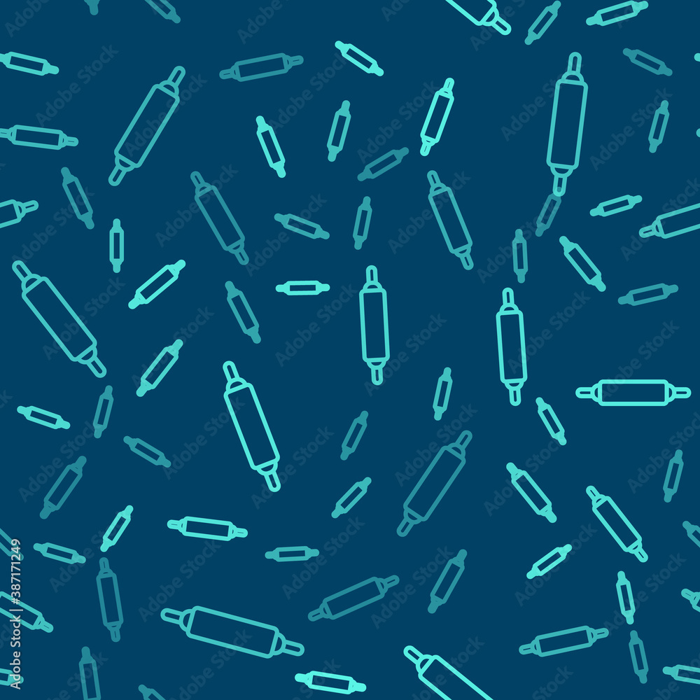 Green line Rolling pin icon isolated seamless pattern on blue background. Vector. Green line Rolling pin icon isolated seamless pattern on blue background. Vector.