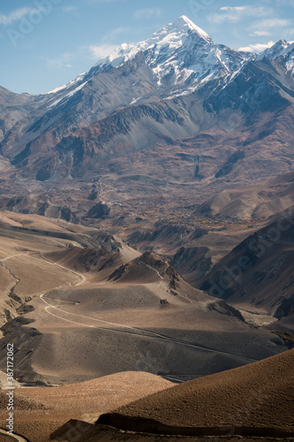 View of Thorong la pass from upper Kagbeni.
