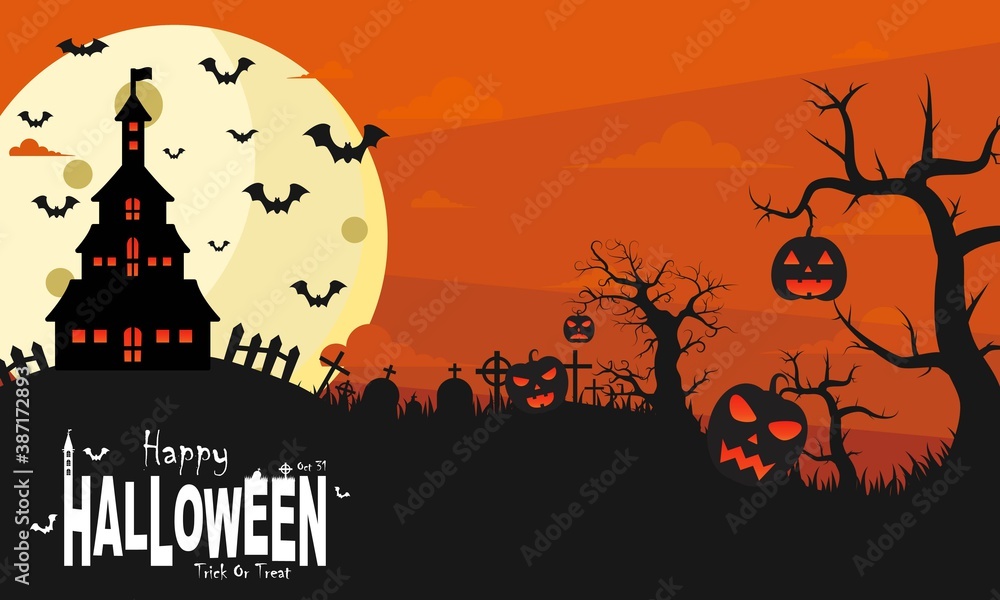 Halloween illustration yellow and orange and dark vector background, horror, lantern, pumpkin, tree, house, bat, moon, etc. Good for web backgrounds, cards, posters, greeting cards, etc.