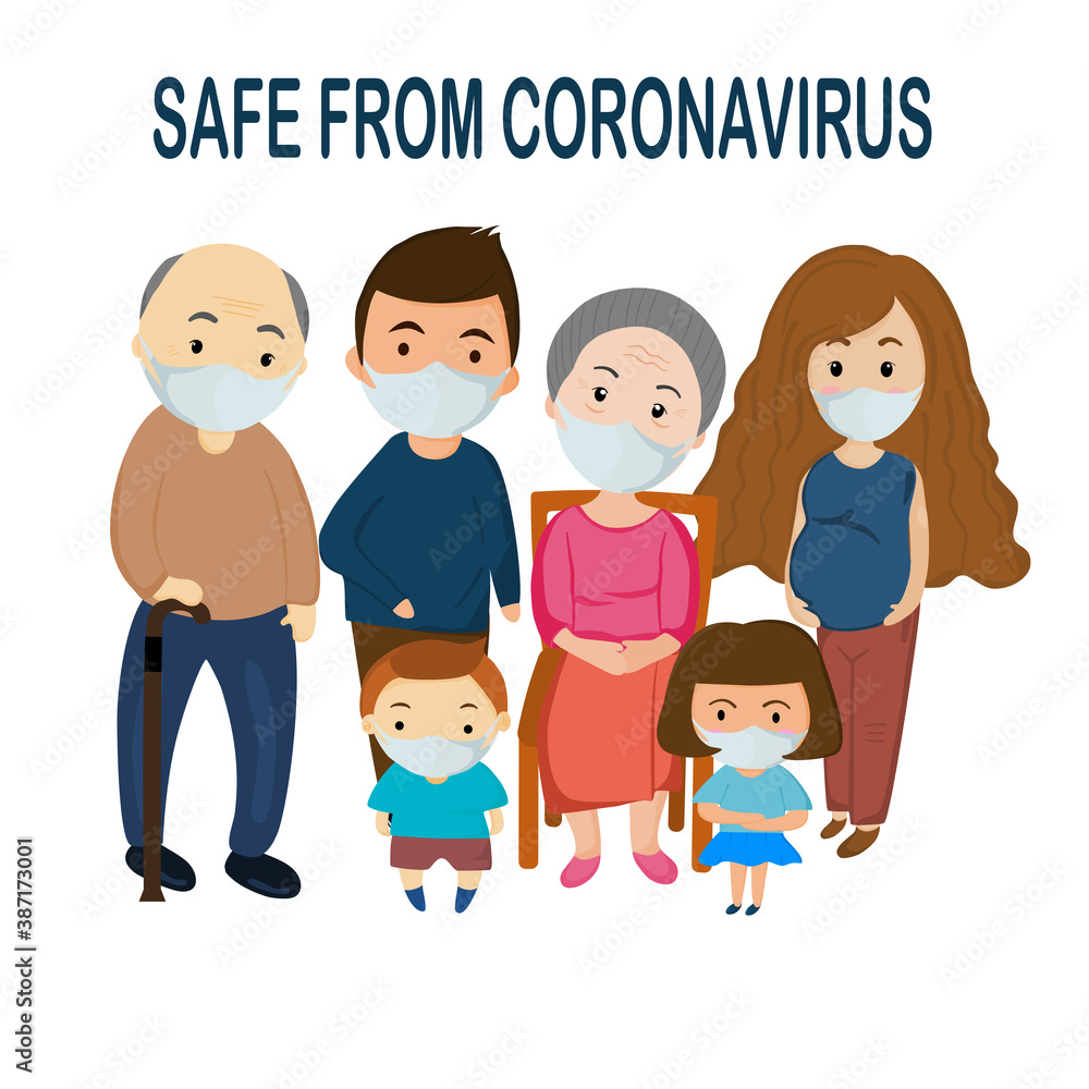group of family wearing mask for safe from coronavirus.vector illustration
