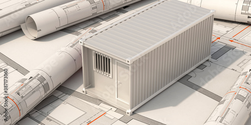 Construction site office, cargo container model on building blueprint plans background. 3d illustration.. photo