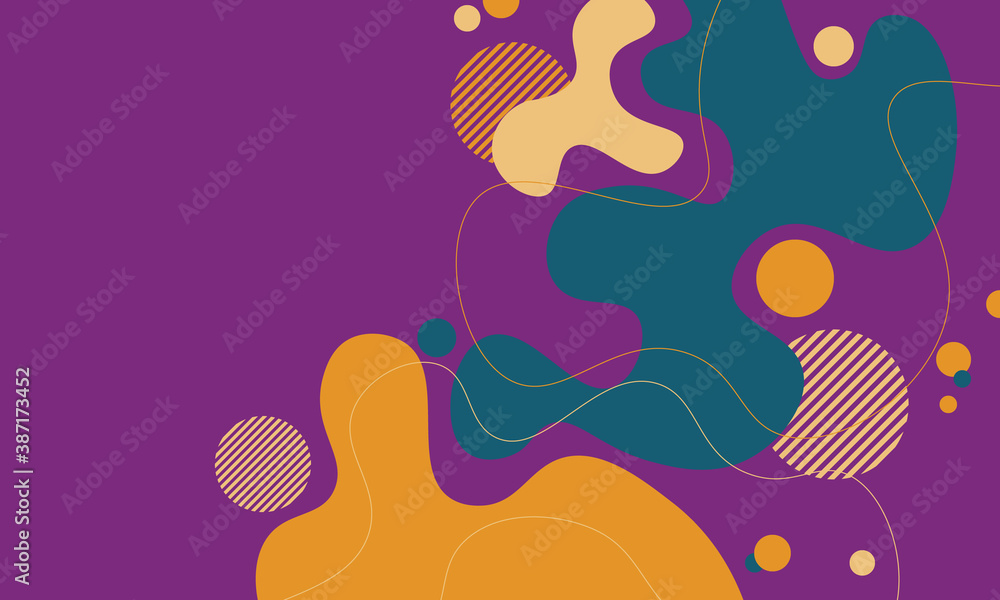Abstract yellow, green and purple dynamic fluid shapes compositions of colored spots.