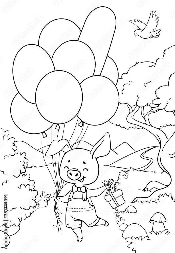 Сute little pig with balloons and a gift. Coloring book for children. Cartoon vector illustration. Сute little pig with balloons and a gift. Coloring book for children. Cartoon vector illustration.