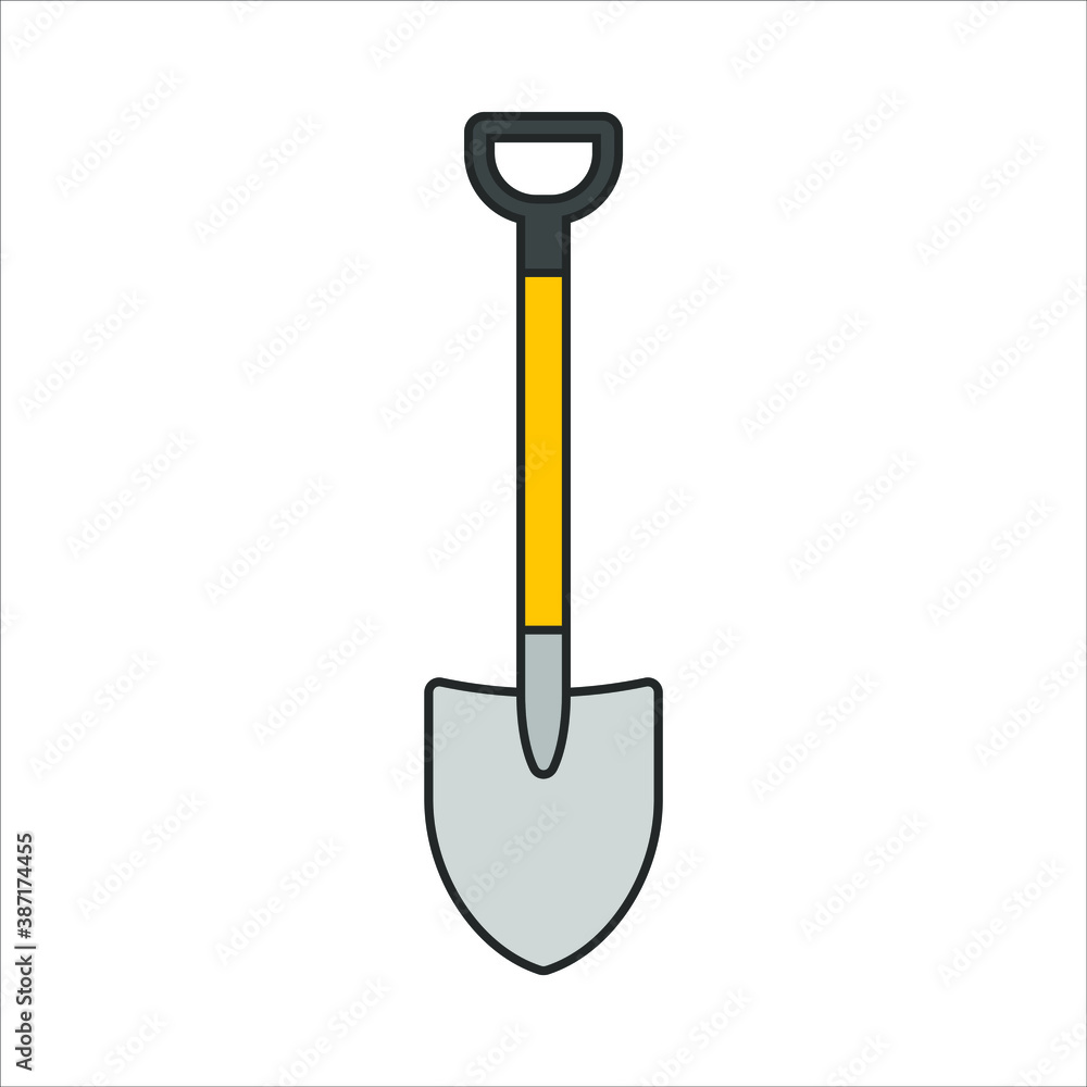 Shovel shape vector icon. Spade symbol. Cartoon industrial tool logo sign. Silhouette isolated on white background. Shovel shape vector icon. Spade symbol. Cartoon industrial tool logo sign. Silhouette isolated on white background.