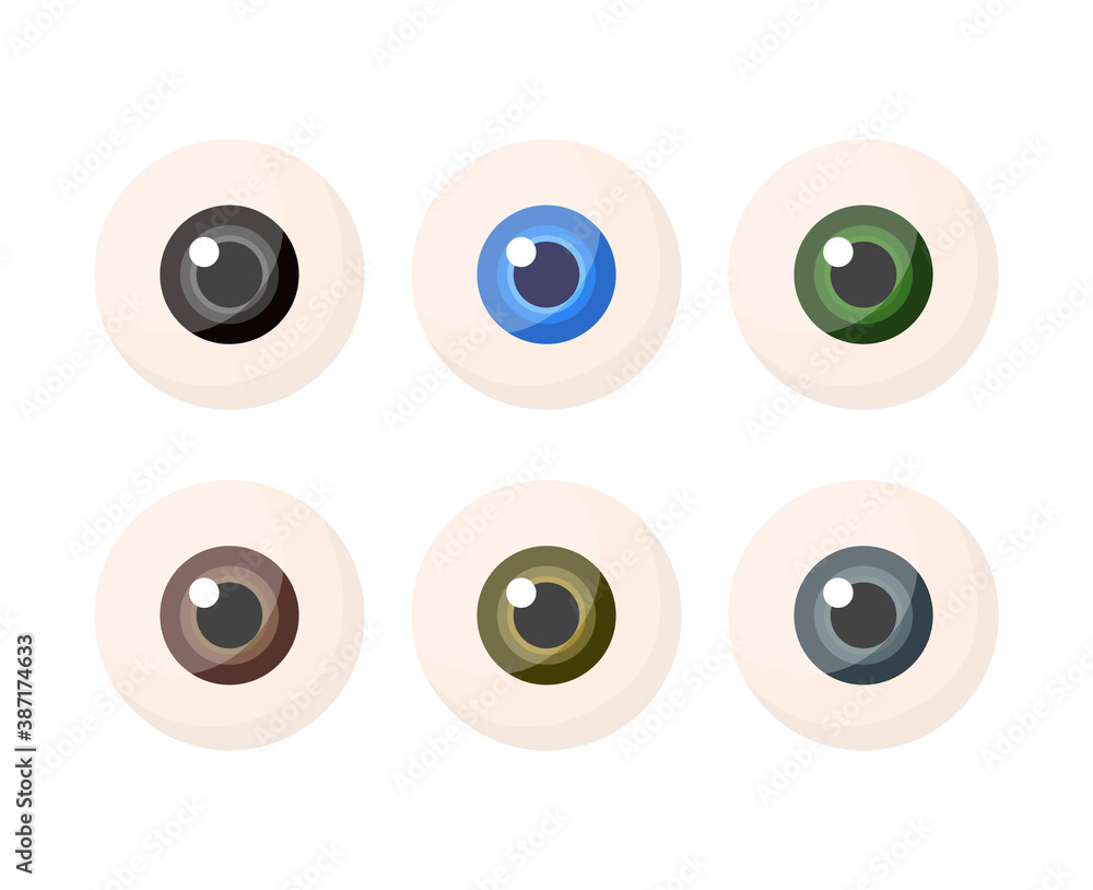 Set of eyeballs with iris different colors isolated on white background. Multicolored eye balls. Vector stock Set of eyeballs with iris different colors isolated on white background. Multicolored eye balls. Vector stock