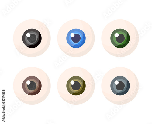 Set of eyeballs with iris different colors isolated on white background. Multicolored eye balls. Vector stock