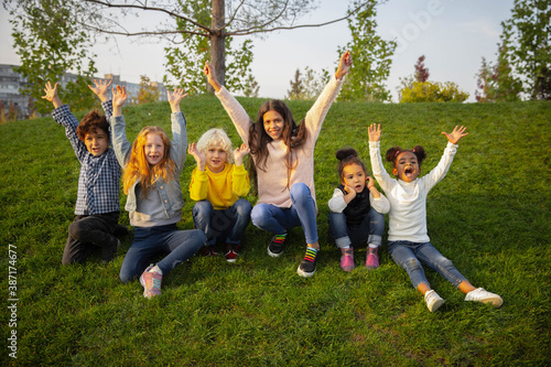 Unity. Interracial group of kids, girls and boys playing together at the park in summer day. Friendship has no race. Happiness, childhood, education, diversity concept. Look happy and sincere.