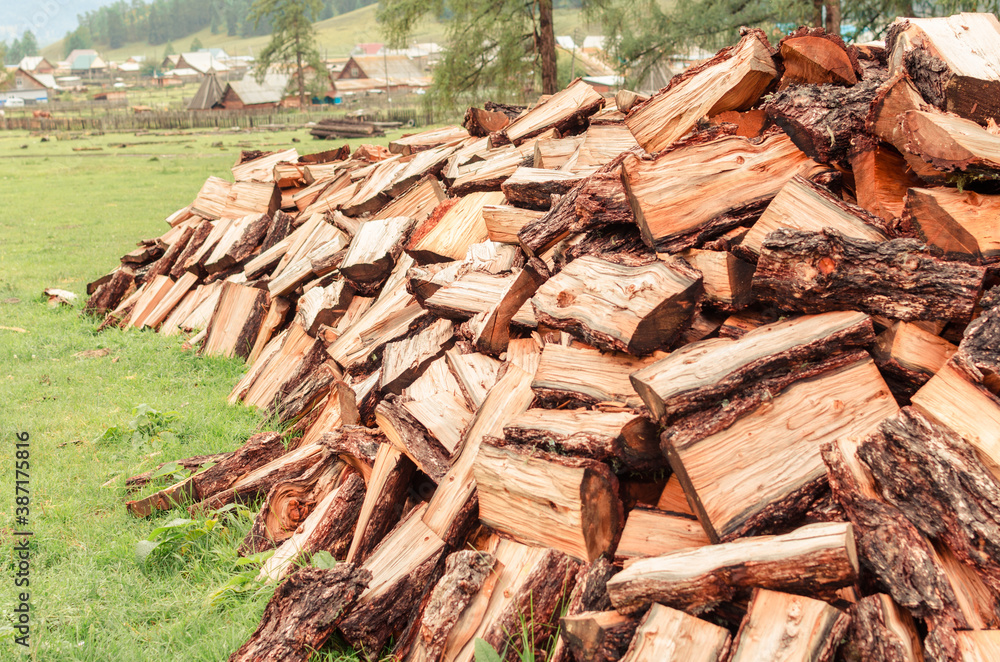 Firewood is stacked in autumn. Chopped pile of wood. Lots of wood from logs. Preparation of firewood for the winter. background texture pattern with stacked dry chopped firewood. Trees in the sawmill Firewood is stacked in autumn. Chopped pile of wood. Lots of wood from logs. Preparation of firewood for the winter. background texture pattern with stacked dry chopped firewood. Trees in the sawmill