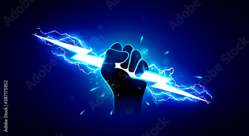 Vector Illustration Hand Holding Powerful Electric Lightning. photo