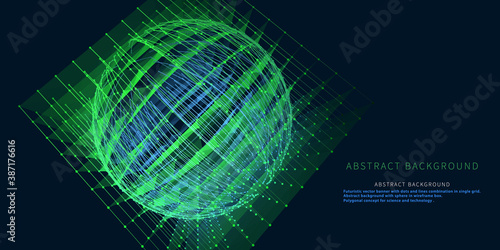 Abstract background with sphere in wireframe box. Polygonal concept for science and technology. Big data.  Futuristic banner with dots and lines combination grid.