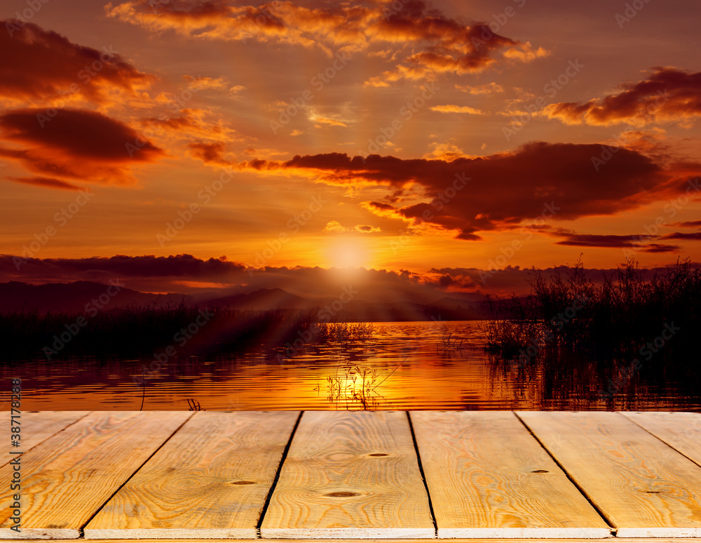 Plank floor with beautiful mountain view in front