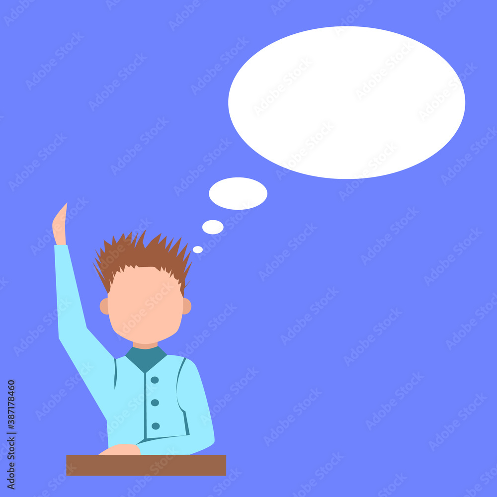 In the classroom, a boy answers. The student raised his hand. People on the belt. white cloud for text. Vector illustration on a blue isolated background.