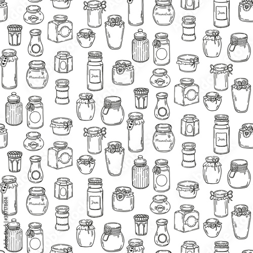 Glass jars for jam and marmalade. Seamlessly pattern of empty jars isolated over white background. Vector hand-drawn doodle sketch illustration.