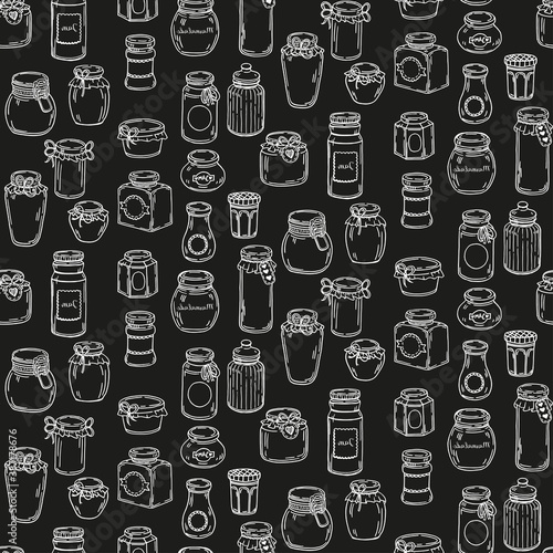 Glass jars for jam and marmalade. Seamlessly pattern of empty jars isolated over white background. Vector hand-drawn doodle sketch illustration.