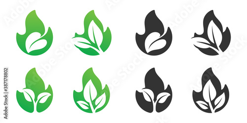 set of fire and leaf negative space logo design