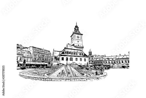 Building view with landmark of Brasov is a city in the Transylvania region of Romania. Hand drawn sketch illustration in vector. photo