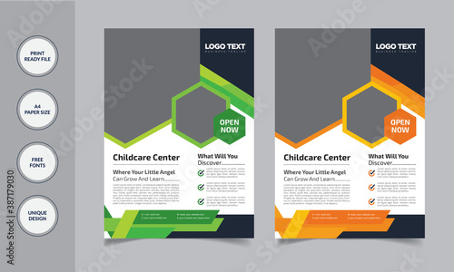 Education & Child Care Flyers Templates. Vector design.
Template details:
Easy Customization and Editable
2 Color Versions
Full  Vector Eps. File
Size: A4 (210X297)
300 DPI resolutions