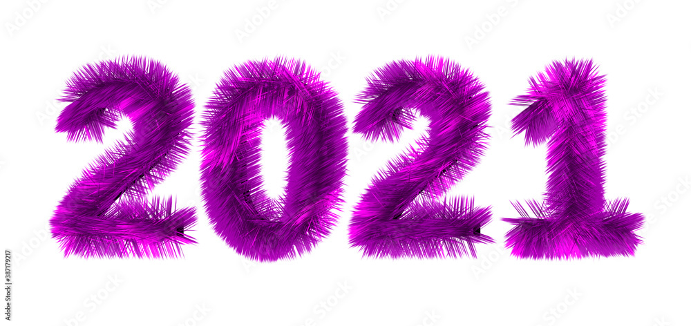 2021 date with fluffy numbers isolated on white background. Christmas New Year holiday design	
