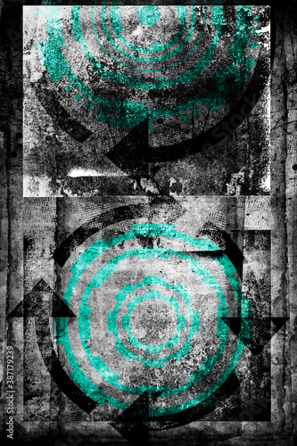 Abstract grunge futuristic cyber technology panoramic background. Drawing on old grungy surface 