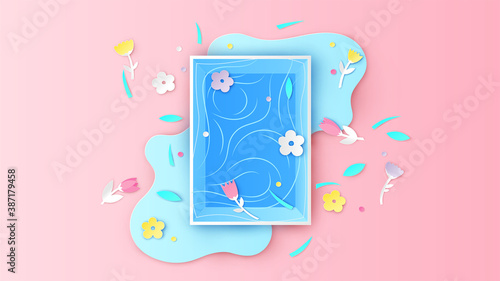 Swimming pool box design for Spring decorated with colorful flowers, leaves, grass floating in the pool. Graphic design for Spring. paper cut and craft style. vector, illustration.