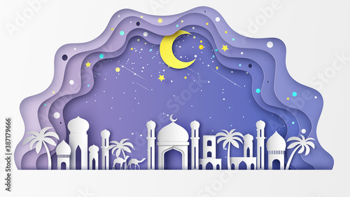 Landscape in Ramadan Kareem festival. Mosque in the desert city and the crescent moon with stars are shining beautiful on the sky at night. paper cut and craft style. vector, illustration.