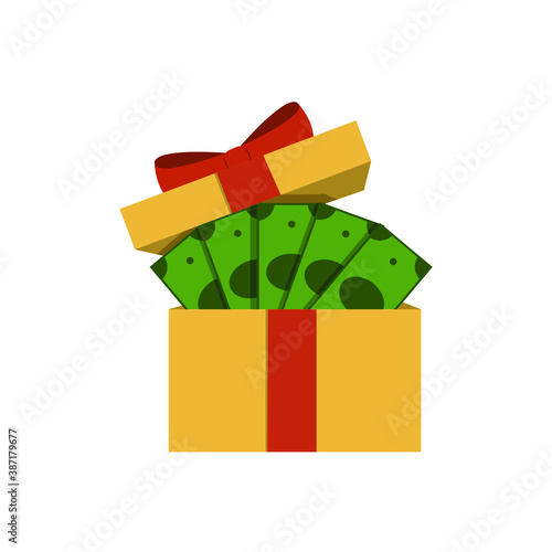 Money inside a gift box. Concept: winning, cash prize. Vector icon, flat cartoon color minimal design isolated on white background, eps 10.