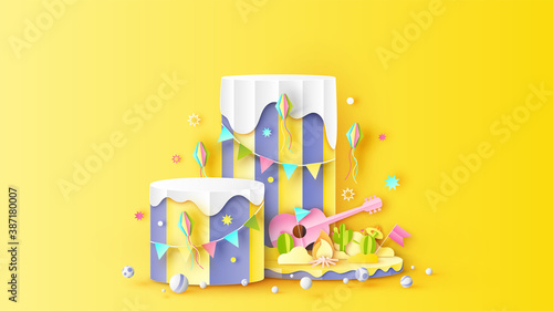 Circle stage podium scene decorated with elements of Festa Junina festival. Graphic design for Festa Junina festival. paper cut and craft style. vector, illustration.