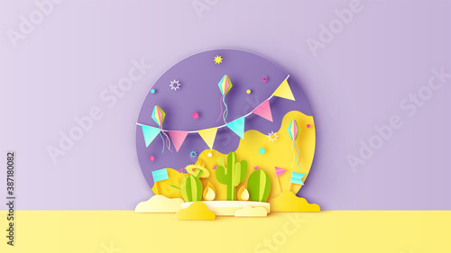 Festa Junina circle podium scene decorated with elements of Festa Junina festival. and blank space. Graphic design for Festa Junina festival. paper cut and craft style. vector, illustration.