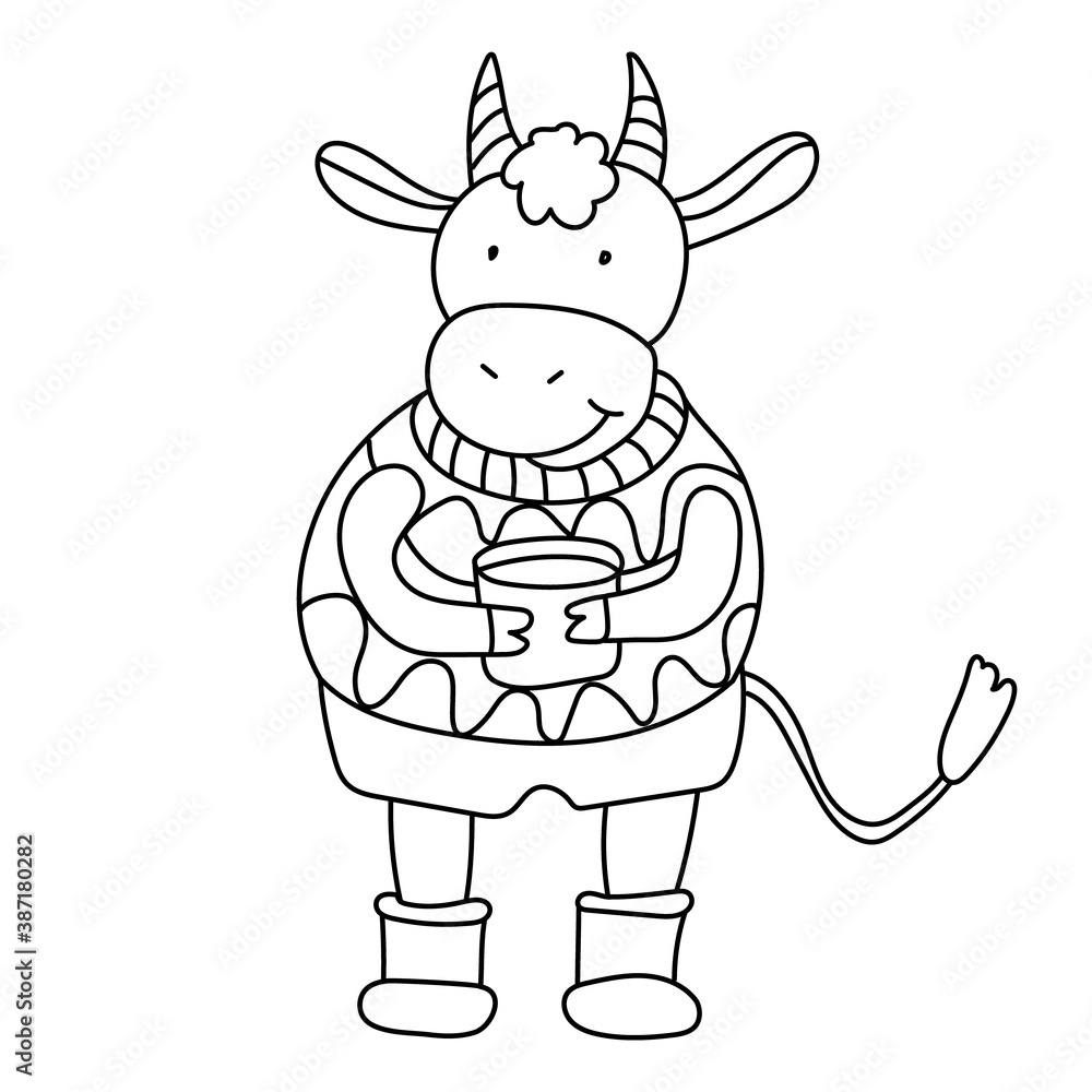 Cute little bull with a mug of tea in doodle sketch style. Black outline. Year of ox. Hand drawn vector illustration isolated on white. Great for Christmas, winter or New Year design. Cute little bull with a mug of tea in doodle sketch style. Black outline. Year of ox. Hand drawn vector illustration isolated on white. Great for Christmas, winter or New Year design.