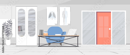 Medical office. Doctor's office. Cabinet, medicines, doctor's workplace. Vector.