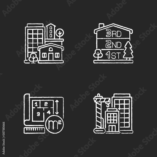 Residential houses chalk white icons set on black background. Number of stories in multistorey building. New skyscraper. Condominium for dwelling. Isolated vector chalkboard illustrations