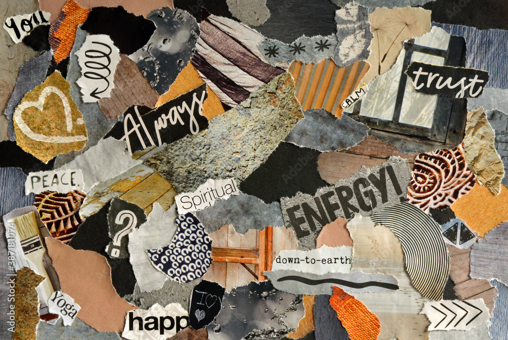 Collage mood board with natural colors and a zen spiritual concept . The  sheet is made of teared old waste paper of magazines and printed matter.  Results in creative modern art. Stock