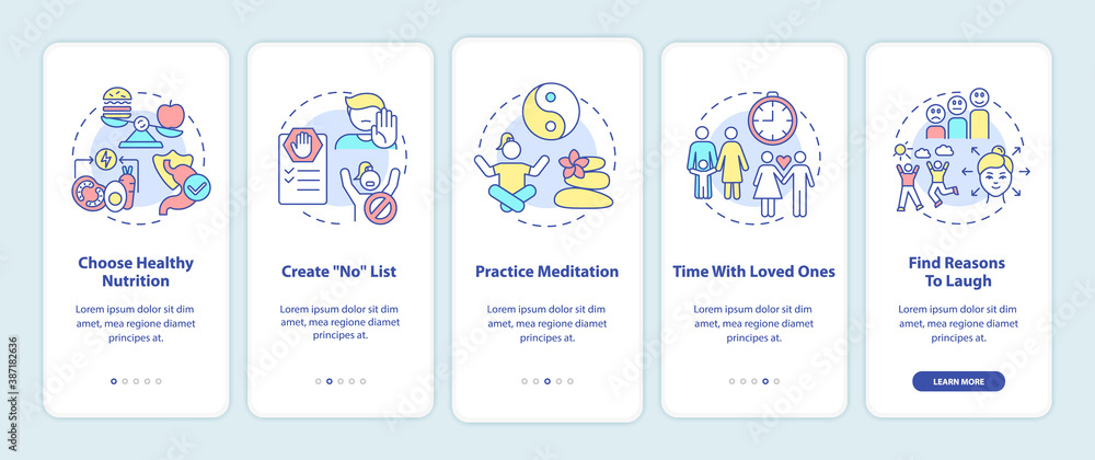 Self care checklist onboarding mobile app page screen with concepts. Choose healthy nutrition walkthrough 5 steps graphic instructions. UI vector template with RGB color illustrations