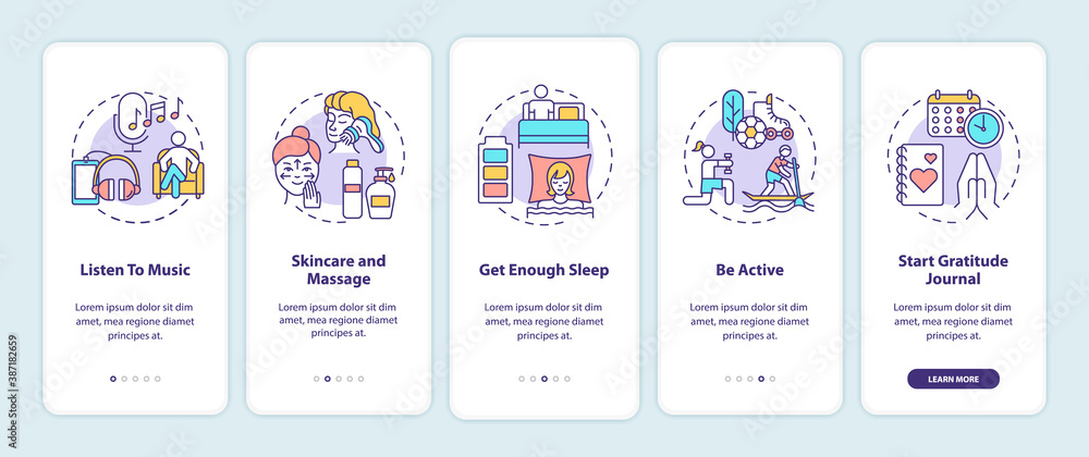 Self care practices onboarding mobile app page screen with concepts. Skincare and massage. Listen to music walkthrough 5 steps graphic instructions. UI vector template with RGB color illustrations