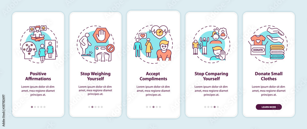 Body positivity tips onboarding mobile app page screen with concepts. Stop weighing yourself walkthrough 5 steps graphic instructions. UI vector template with RGB color illustrations