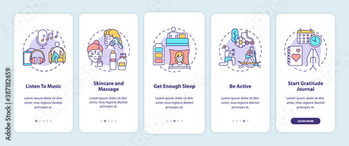 Self care practices onboarding mobile app page screen with concepts. Skincare and massage. Listen to music walkthrough 5 steps graphic instructions. UI vector template with RGB color illustrations